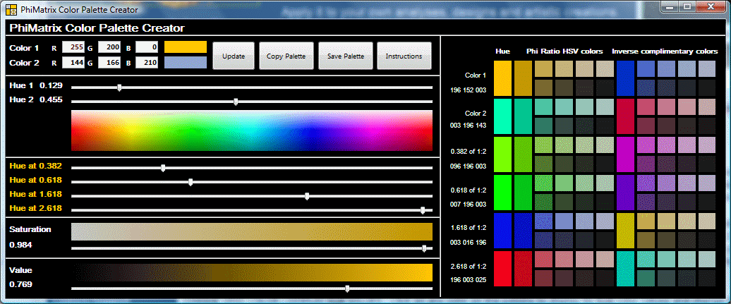 PhiMatrix golden ratio color palette generator
