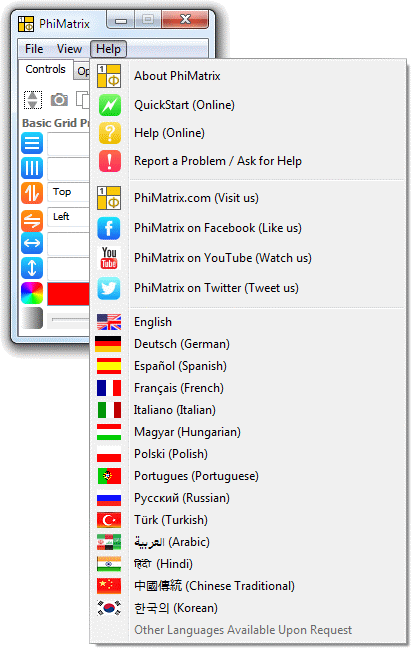 PhiMatrix help language menu